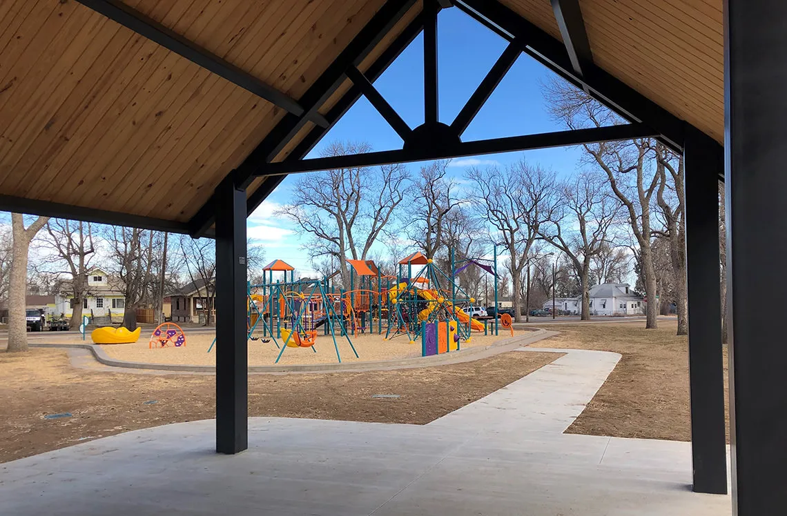 Shade space overlooking playground area at Archibeque Park in Greeley, CO
